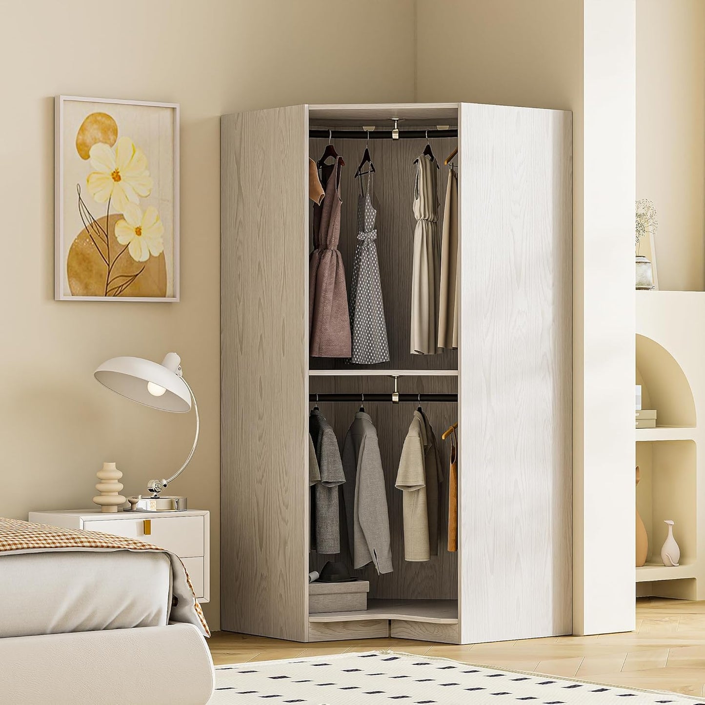 Corner Armoire Wardrobe Closet Cabinet with Hanging Rail, Freestanding Wooden ClosetCabinet for Bedroom,roperos para guardar ropa, 64" H, Natural
