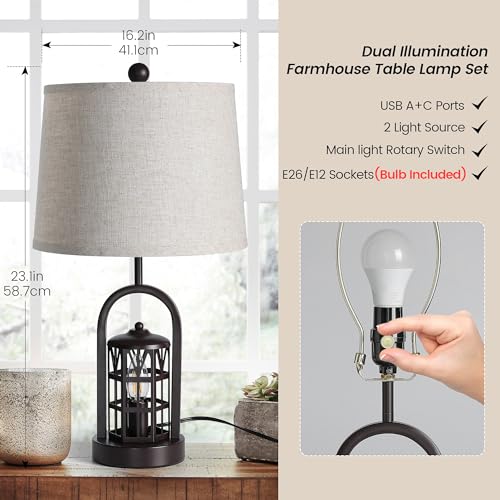 Farmhouse Table Lamp Set of 2, 23" Rustic Vintage with USB Ports, Brown X170288