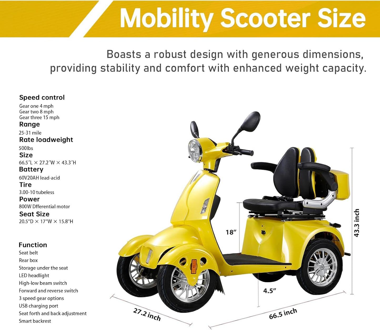 Heavy Duty 4-Wheel Mobility Scooter for Seniors, 500 lbs Capacity D992