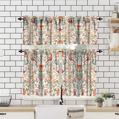 William Morris Kitchen Valance Curtain Boho Retro Bird Print Rod Pocket 54x18 Inch J143595