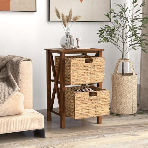 Giantex 2-Tier Nightstand with Wicker Baskets Set of 2, Wooden Side Table, Walnut C6960