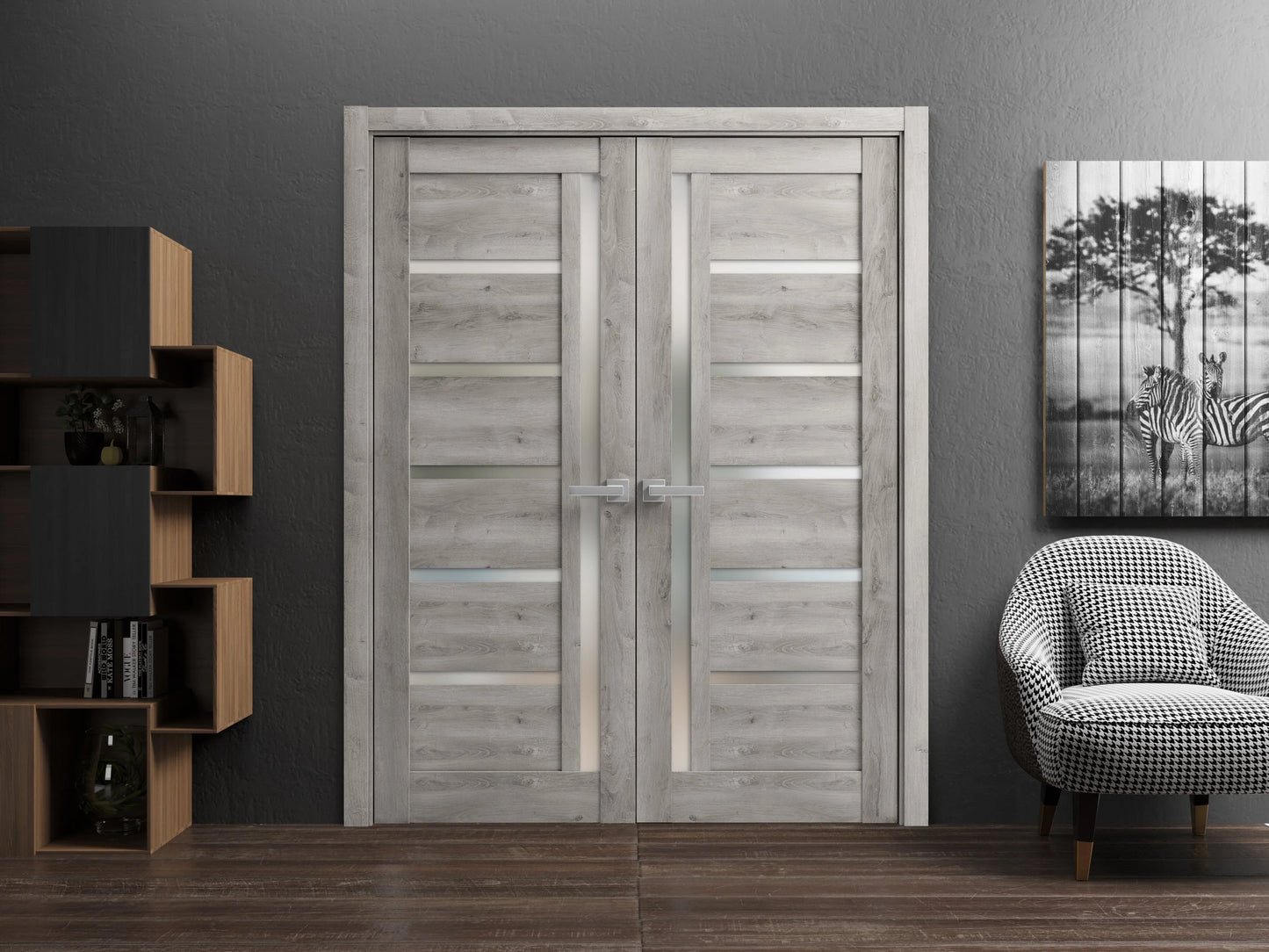 Solid French Double Doors 56 x 84 inches Quadro 4088 Nebraska Grey with Frosted Glass I348645
