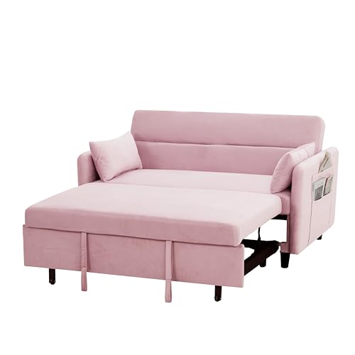 Pink Velvet Sleeper Sofa Couch Bed 3-in-1 with Two Pillows G42230