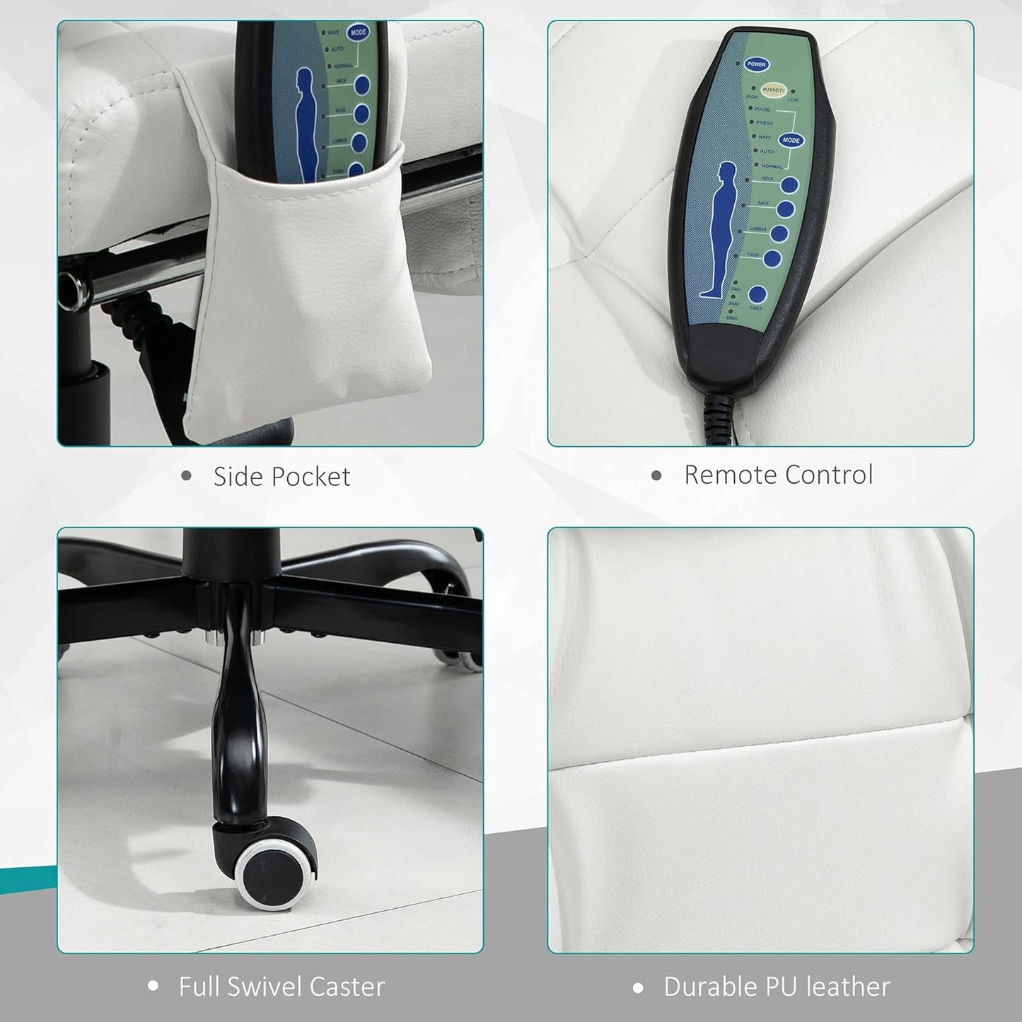 Reclining Office Chair with Massage, Ergonomic PU Leather Executive Chair with Foot Rest, White T4590