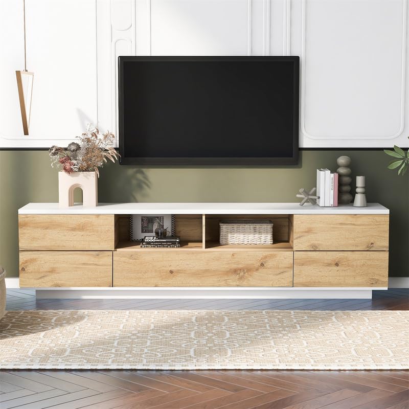 TV Stand up to 80", TV Stands for Living Room Entertainment Center with 8 Cabinet and Door Rebound Device, Modern TV Stand with Storage in MDF, TV Console Table Media Cabinet for Bedroom, Natural