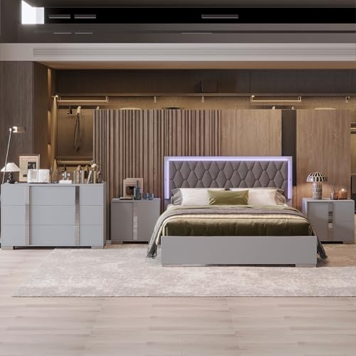 Queen Wood Upholstered Bed with LED Lights, 4-Piece Bedroom Set (Grey) A7583