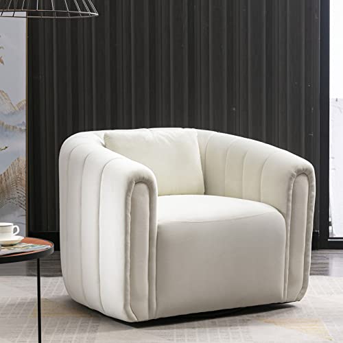 ANJ Swivel Barrel Chair with Plump Pillow, Modern Channel Velevt Accent Chair, Comfy Round Armchair, Swivel Accent Chair for Nursery Living Room Bedroom (Green)
