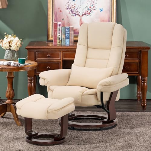 MCombo Recliner with Ottoman, Vibration Massage, Faux Leather Cream White T68744