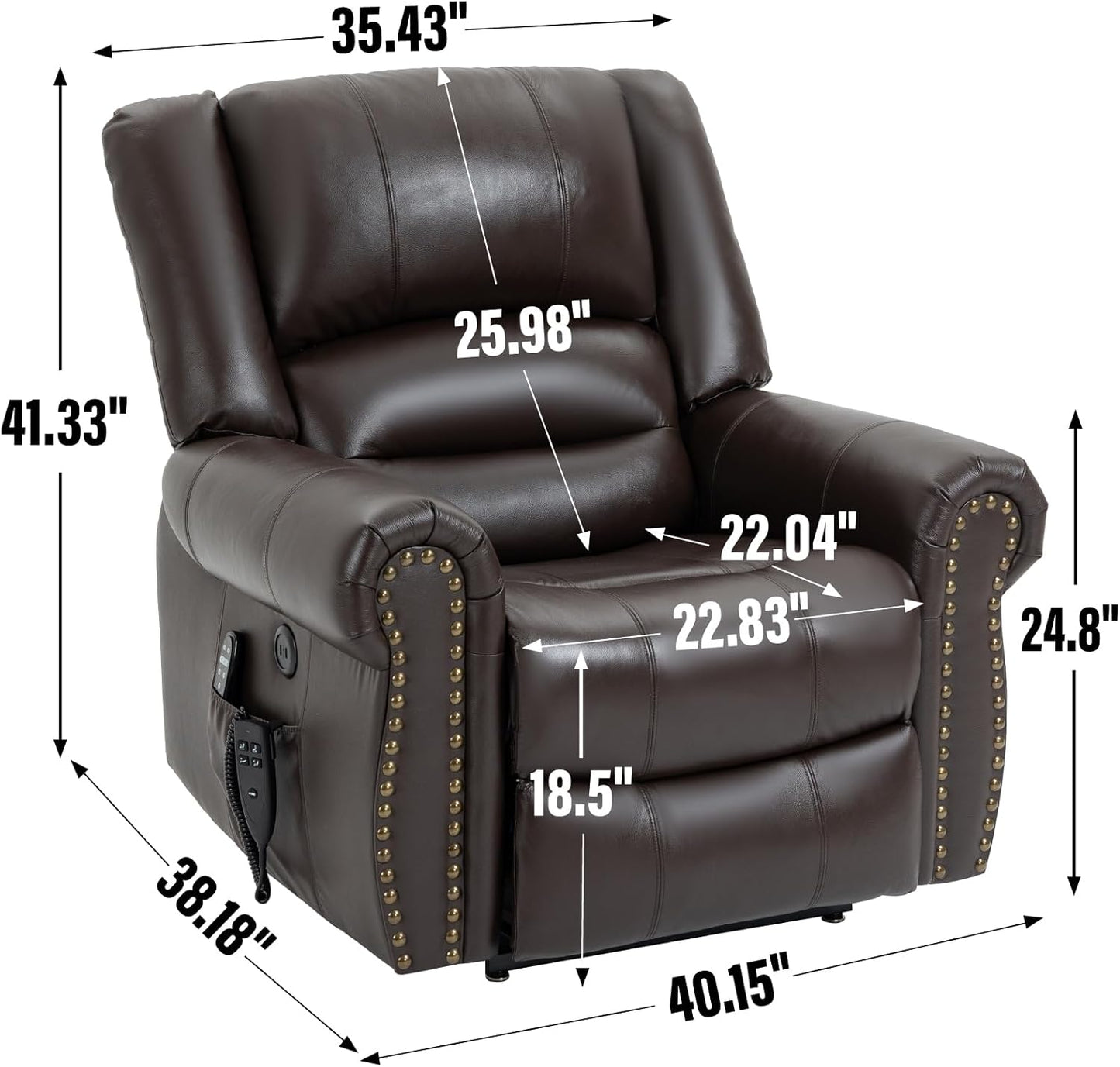 Power Lift Recliner Chair Heat Massage Dual Motor Genuine Leather Brown I78920