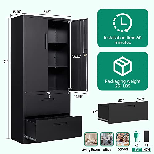 Letaya Metal Storage Cabinet with Lock, 2 Drawers, Adjustable Shelves, Black N4147