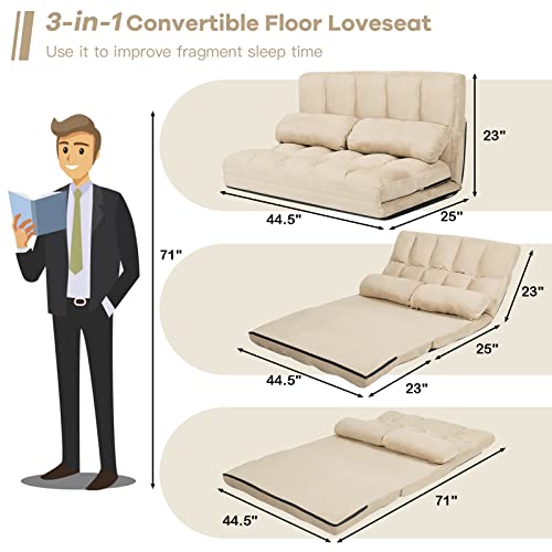 COSTWAY Floor Sofa Couch with 2 Pillows, Foldable Adjustable, Suede Fabric (Blue) J7217
