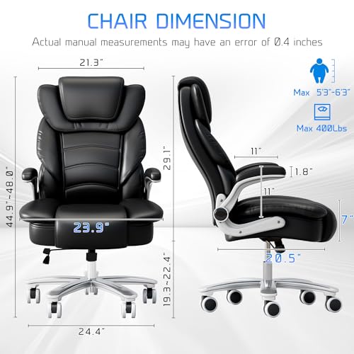 Big and Tall Office Chair 400lb Wide Seat High Back Leather Executive with Flip-up Arms P130