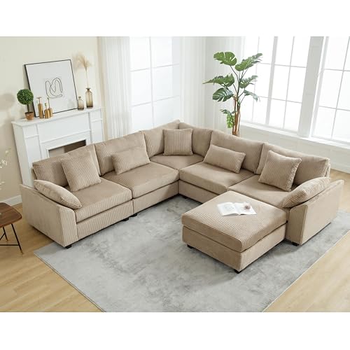 Oversized Corner Modular Sectional Sofa Set, L-Shaped Couch with Ottoman and 7 Pillows, Corduroy Fabric, Beige O4177