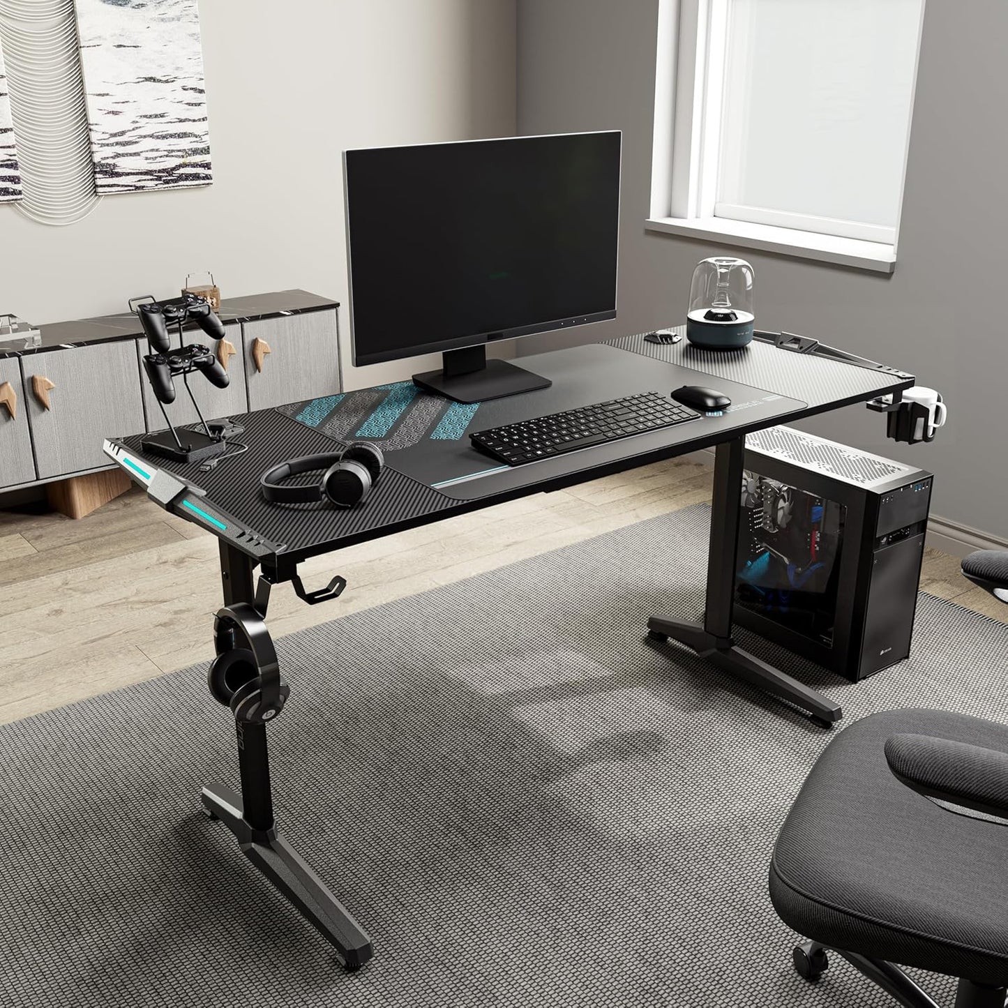 EUREKA ERGONOMIC RGB Gaming Desk 55 Inch Computer Desk with USB Ports, Black Q742