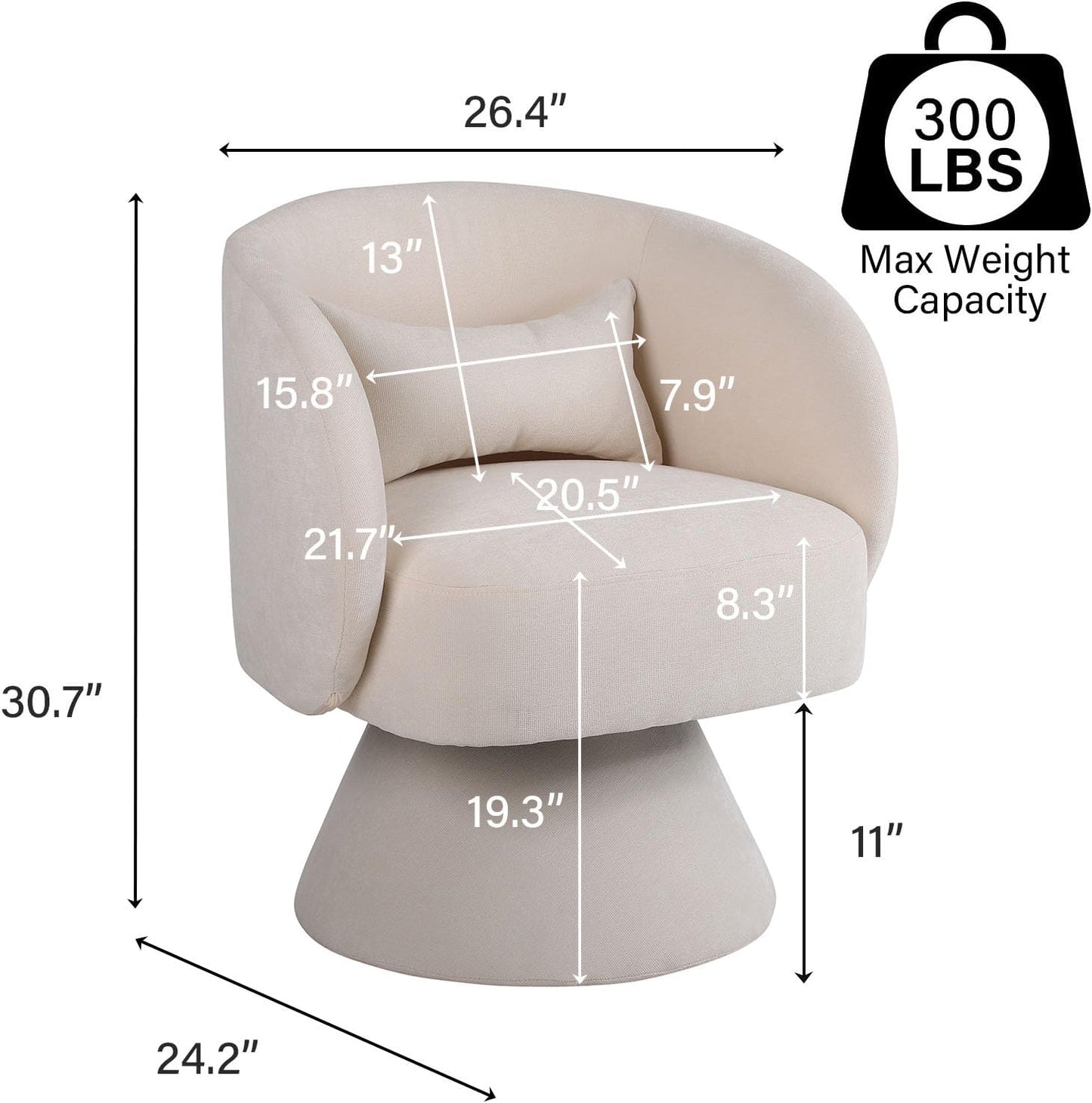 Swivel Barrel Chair with Pillow, Linen Fabric Accent Chair for Living Room Bedroom, Beige W4529
