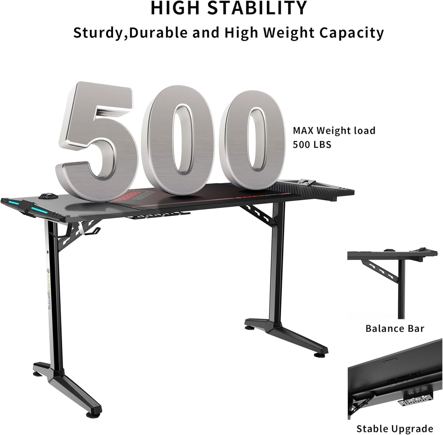 EUREKA ERGONOMIC RGB Gaming Desk 55 Inch Computer Desk with USB Ports, Black Q742